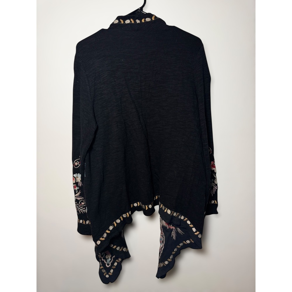 Time for Me Black Floral Embroidered Waterfall Open Front Cardigan Boho Women - Picture 10 of 12